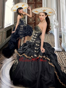 Two For One Taffeta Beaded and Applique Black Sweet 16 Dress with Brush Train