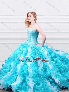 Modern Beadede and Ruffled Quinceanera Gown in Aqua Blue and White