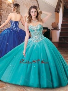 Lovely Big Puffy Tulle Aqua Blue Quinceanera Dress with Beading