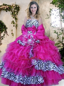 Strapless Zebra and Hot Pink Quinceanera Dresses with Ruffles and Bowknot