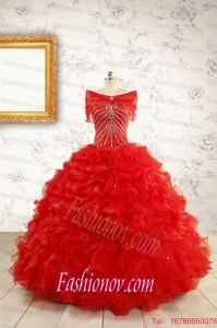 Exquisite Beading and Ruffles Red Quinceanera Gowns with Wrap for 2015