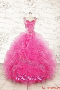 2015 Pretty Straps Hot Pink Quinceanera Dresses with Beading