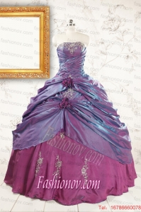 2015 Purple Strapless Quinceanera Dresses with Appliques and Hand Made Flowers
