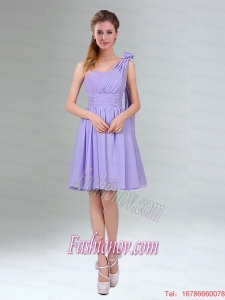 Gorgeous Mini Length Lavender Bridesmaid Dress with Ruching and Handmade Flower