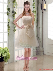 Popular Champagne Strapless Princess Bowknot Bridesmaid Dresses for 2015