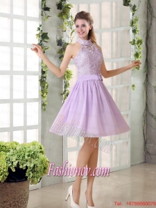 High Neck Lilac A Line Lace Bridesmaid Dress Chiffon for 2015