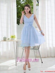 V Neck Chiffon Bridesmaid Dress with Ruching and Hand Made Flowers