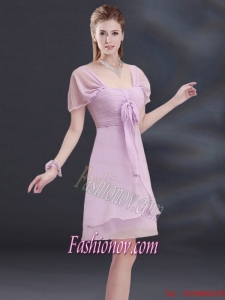A Line Square Ruhing Bridesmaid Dress with Cap Sleeves