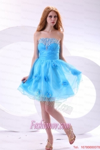 Aqua Blue Prom Dress with Strapless Beaded and Flowers