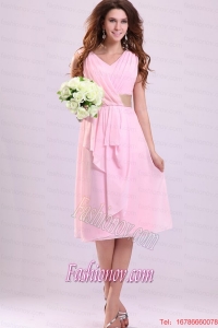 Baby Pink Empire V-neck Chiffon Prom Dress with Ruches