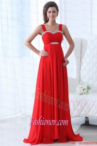 Elegant Empire Straps Beading Chiffon Red 2015 Prom Dress