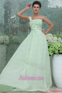 Light Blue Empire One Shoulder Appliques and Ruching Prom Dress