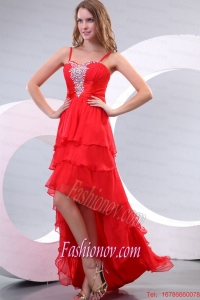 Red Empire Spaghetti Straps Beaded Decorate High-low Prom Dress