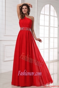 Red One Shoulder Beaded Decorate Waist Floor-length Prom Dress