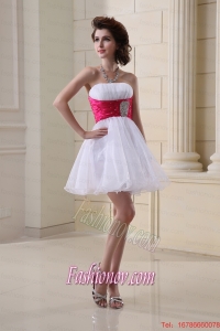 A-line Strapless Beading and Ruching Organza White Prom Dress