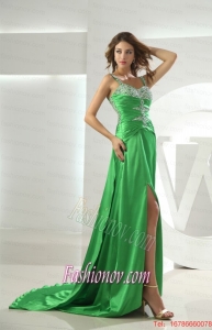 Spring Green Straps Column Elastic Woven Satin Brush Train Beading Prom Dress