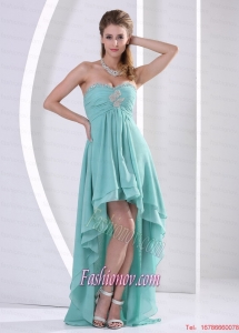 Custom Made High-low Prom Dress With Sweetheart Turquoise Beading and Ruch For Graduation