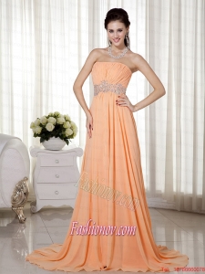 Light Orange Empire Strapless Brush Train Chiffon Beading and Ruch Prom Celebrity Dress
