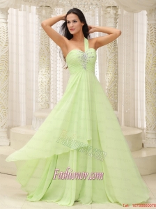 Yellow Green One Shoulder and Ruched Bodice Beaded Decorate Bust For 2015 Prom Dress
