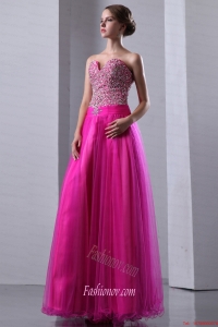 Fuchsia A-line Sweetheart Prom Dress Elastic Wove Satin and Organza Beading Floor-length
