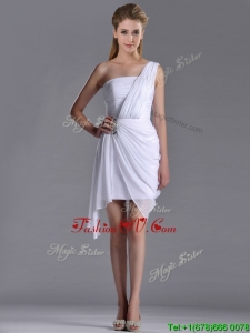 Cheap Column One Shoulder White Short Bridesmaid Dress with Zipper Up