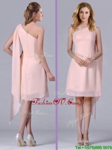 Cheap One Shoulder Chiffon Ruching Short Dama Dress in Pink