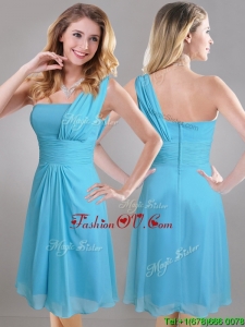 Elegant One Shoulder Ruched Chiffon Dama Dresses for Quinceanera in Aqua Blue