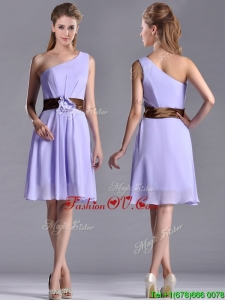 Exclusive One Shoulder Lavender Short Bridesmaid Dress with Brown Belt