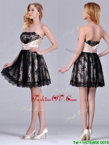 Modern Strapless Black Short Bridesmaid Dress with Lace and Belt
