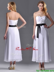 Popular Tea Length White Bridesmaid Dress with Appliques and Belt