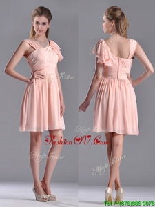 Simple Empire Ruched Peach Bridesmaid Dress with Asymmetrical Neckline