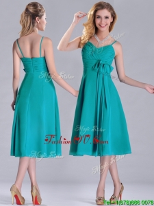 Spaghetti Straps Ruched and Belted Turquoise Bridesmaid Dress in Tea Length