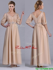Cheap Beaded and Ruched V Neck Long Mother Groom Dress in Champagne