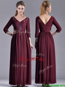 Elegant Beaded V Neck Burgundy Mother Groom Dress with Three Fourth Length Sleeves