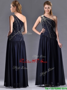 Elegant Column One Shoulder Beaded Mother Groom Dress in Navy Blue