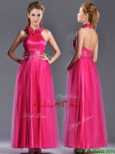 Elegant Hot Pink Mother Groom Dress with Handcrafted Flowers Decorated Halter Top