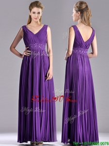 Elegant V Neck Purple Mother Groom Dress with Beading and Pleats