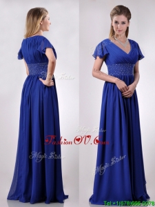 Low Price V Neck Beaded Blue Long Mother Groom Dress with Short Sleeves