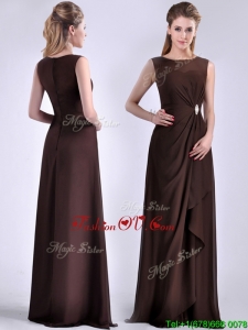 Modest Bateau Brown Chiffon Long Mother Groom Dress with Zipper Up
