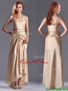 Champagne Ankle-length Beaded Side Zipper Mother Groom Dress with One Shoulde