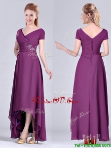 Short High-low Chiffon Dark Purple Short Sleeves Mother Dress with V Neck