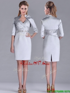 Top Selling Column Belted with Beading Silver Mother Dress with V Neck