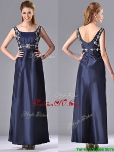 Top Selling Empire Square Taffeta Beading Long Mother Dress in Navy Blue