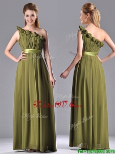 Top Selling One Shoulder Ruched and Belt Mother Dress in Olive Green