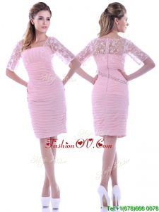 Top Selling Ruched and Laced Square Baby Pink Mother Dress with Half Sleeves