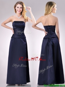 Top Selling Strapless Beaded Bust Long Mother Dress in Navy Blue