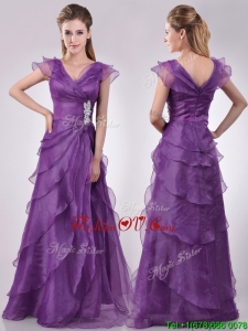 Top Selling V Neck Eggplant Purple Mother Dress with Beading and Ruffles