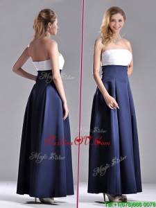 Elegant Strapless Ankle Length 2016 Dama Dresses in Navy Blue and White