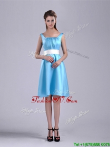 Simple Belted and Ruched Aqua Blue2016 Dama Dresses in Knee Length