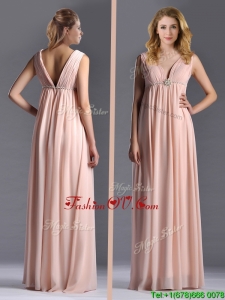 Top Selling Empire Chiffon Ruching Long Pink Mother Dress with V Neck